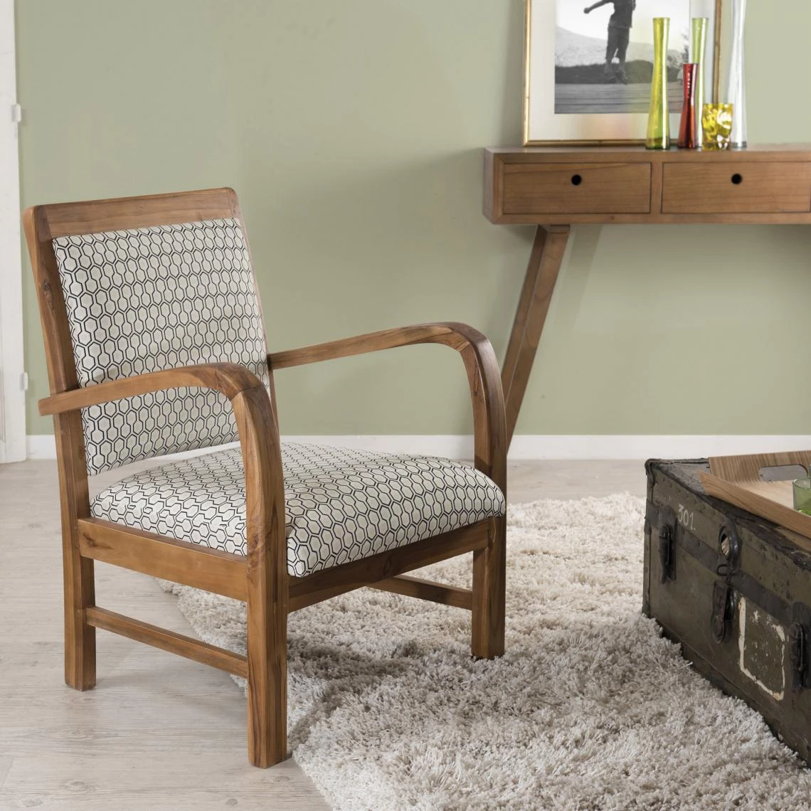 MACABANE Fauteuil En Teck Et Coton Imprimé Hexagones Scandi - Imprimé 1 MACABANE Fauteuil En Teck Et Coton Imprimé Hexagones Scandi - Imprimé