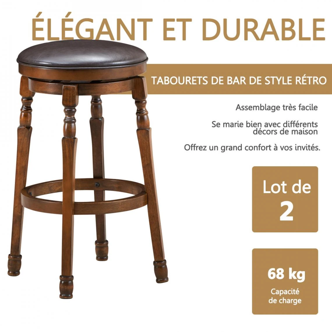 Costway 2 Tabourets De Bar Avec Siège En Cuir PU Souple Rembourré Et Pivotan... 2 Costway 2 Tabourets De Bar Avec Siège En Cuir PU Souple Rembourré Et Pivotan... – Image 2