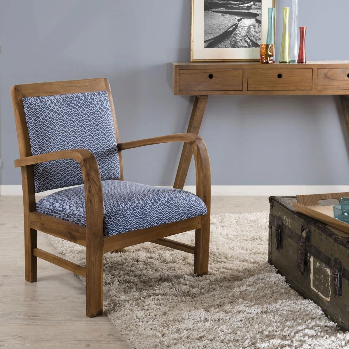 MACABANE Fauteuil En Teck Et Coton Imprimé Japonais Scandi - Imprimé 1 MACABANE Fauteuil En Teck Et Coton Imprimé Japonais Scandi - Imprimé