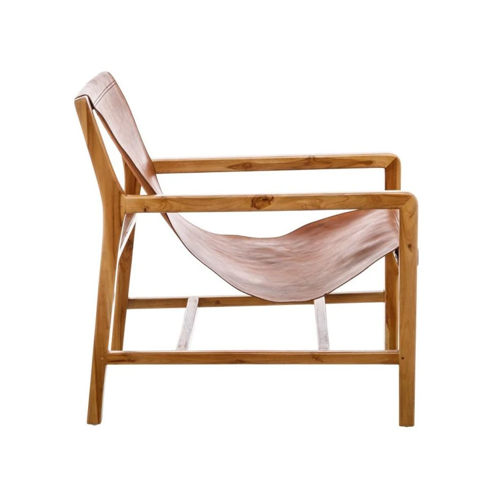 Tousmesmeubles Fauteuil Lounge Teck/Cuir Cognac - ESSAOUIRA N°2 3 Tousmesmeubles Fauteuil Lounge Teck/Cuir Cognac - ESSAOUIRA N°2 – Image 3