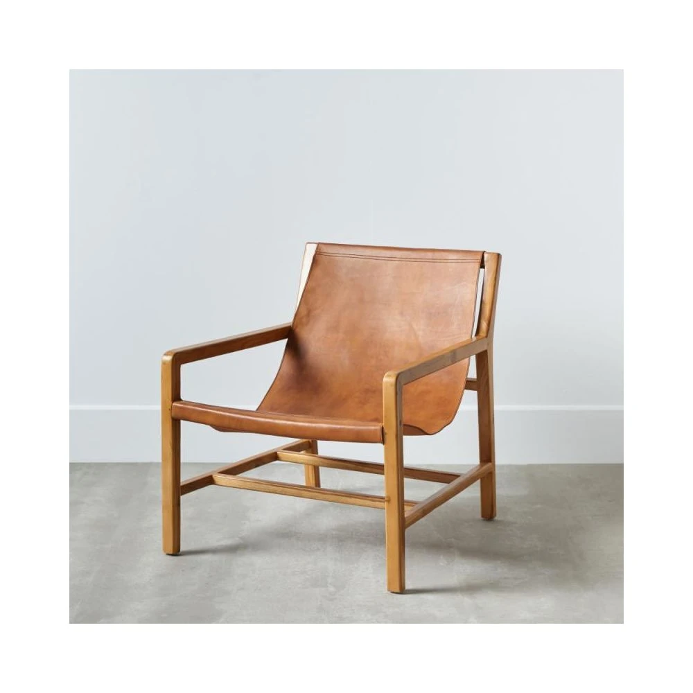 Tousmesmeubles Fauteuil Lounge Teck/Cuir Cognac - ESSAOUIRA N°2 2 Tousmesmeubles Fauteuil Lounge Teck/Cuir Cognac - ESSAOUIRA N°2 – Image 2