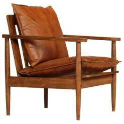 VIDAXL Fauteuil Cuir Véritable Avec Bois D'acacia Marron | Brun - Fauteuils ...