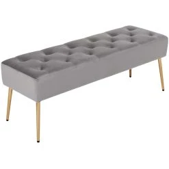 Decoshop26 Banc Banquette Rembourré Capitonné En Tissu Velours Gris Pieds Méta...