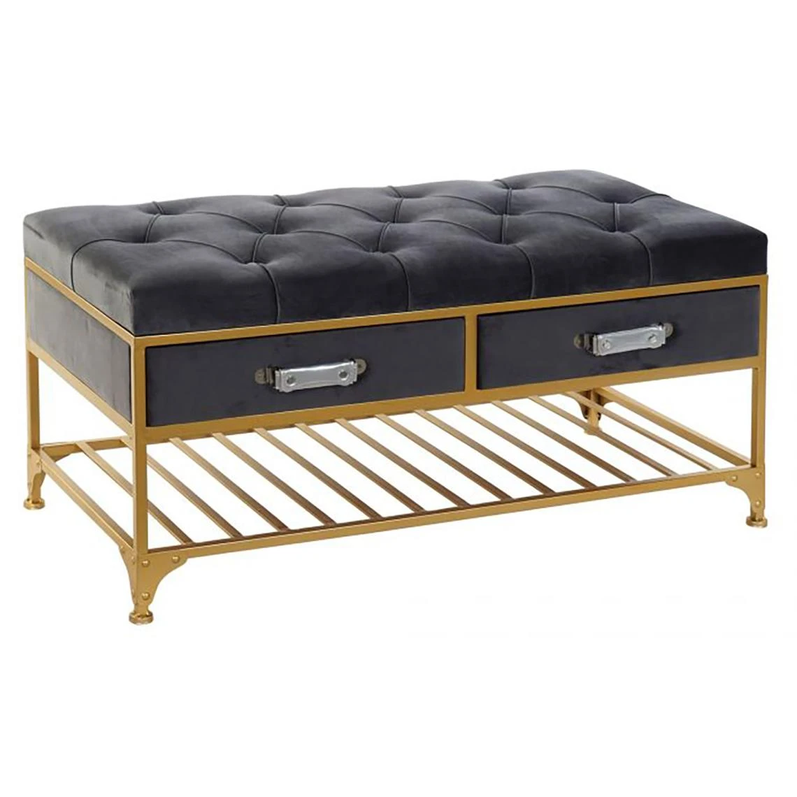 Pegane Banquette Avec 2 Tiroirs En Métal Coloris Gris Et Pieds Doré- Longue... 1 Pegane Banquette Avec 2 Tiroirs En Métal Coloris Gris Et Pieds Doré- Longue...