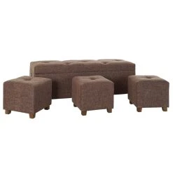 Pegane Banquette Coffre + 3 Poufs En Bois Et Lin Coloris Marron