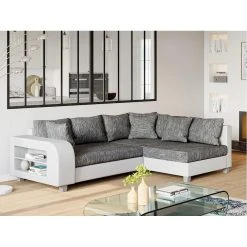 Vente-unique Canapé D'angle Convertible Tissu Et Simili KUOPIO - Gris Et Blanc - A...