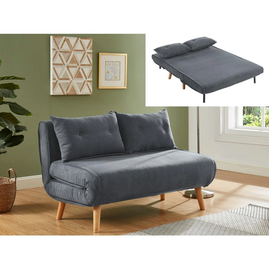 Vente-unique Canapé 2 Places Convertible En Tissu VALERIO - Gris 2 Vente-unique Canapé 2 Places Convertible En Tissu VALERIO - Gris – Image 2