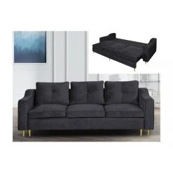 Vente-unique Canapé 3 Places Convertible En Velours SORENI - Gris Anthracite