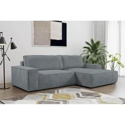 Vente-unique Canapé D'angle Convertible En Velours Côtelé Gris AMELIA - Angle Dr...