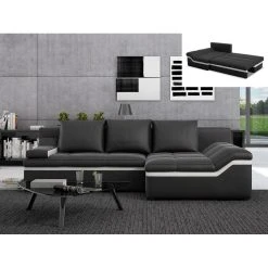 Vente-unique Canapé D'angle Convertible En Simili AZOLA - Noir - Angle Droit