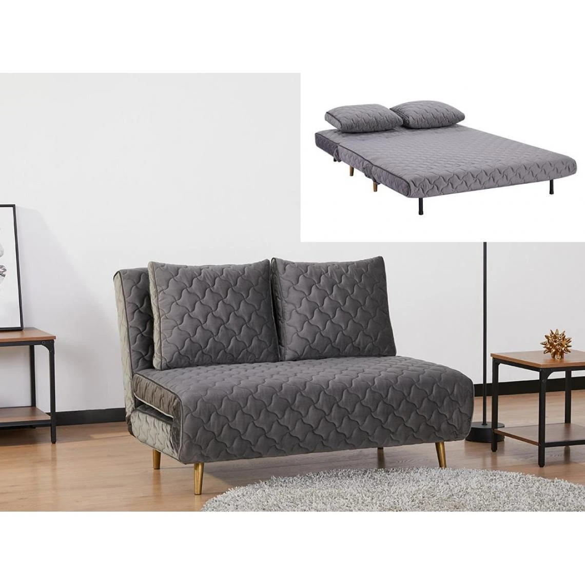 Vente-unique Canapé 2 Places Convertible En Velours Matelassé Gris CANELI 1 Vente-unique Canapé 2 Places Convertible En Velours Matelassé Gris CANELI