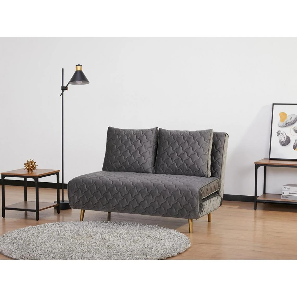 Vente-unique Canapé 2 Places Convertible En Velours Matelassé Gris CANELI 2 Vente-unique Canapé 2 Places Convertible En Velours Matelassé Gris CANELI – Image 2