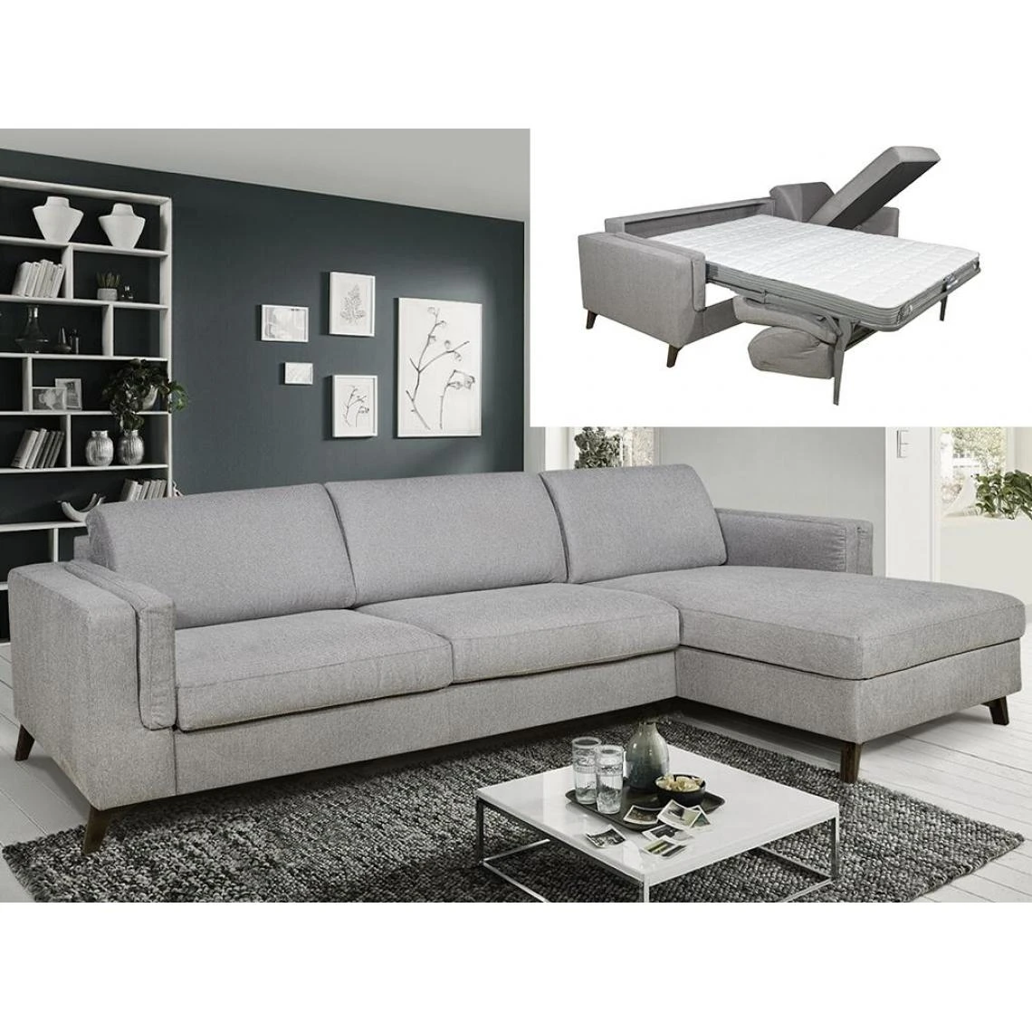 DUNLOPILLO Canapé D'angle Droit Convertible Express En Tissu Gris - Couchage 140... 1 DUNLOPILLO Canapé D'angle Droit Convertible Express En Tissu Gris - Couchage 140...