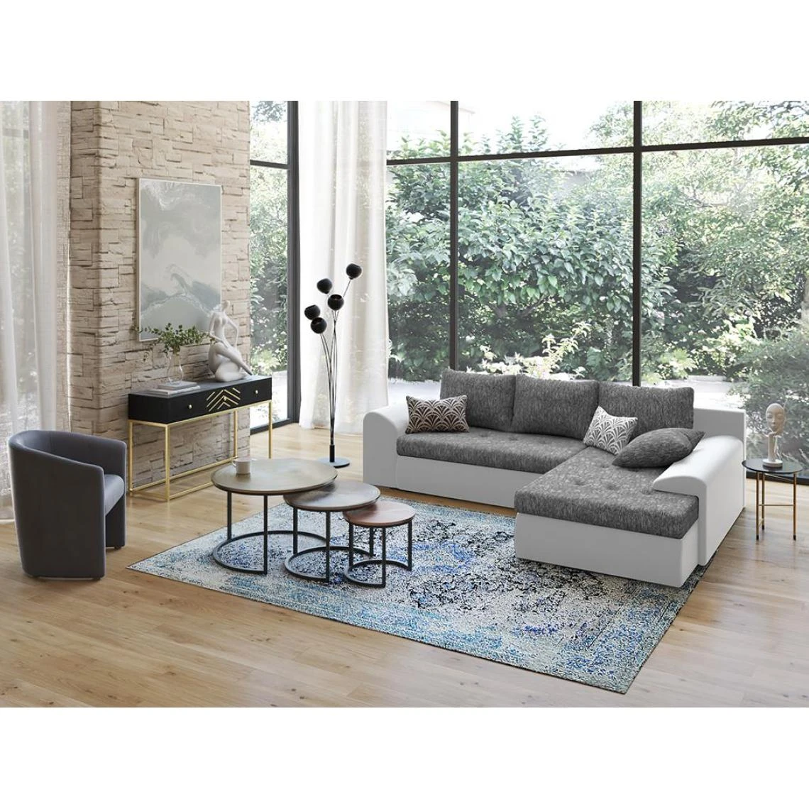 Vente-unique Canapé D'angle Réversible Et Convertible En Tissu Et Simili Gris Ch... 1 Vente-unique Canapé D'angle Réversible Et Convertible En Tissu Et Simili Gris Ch...