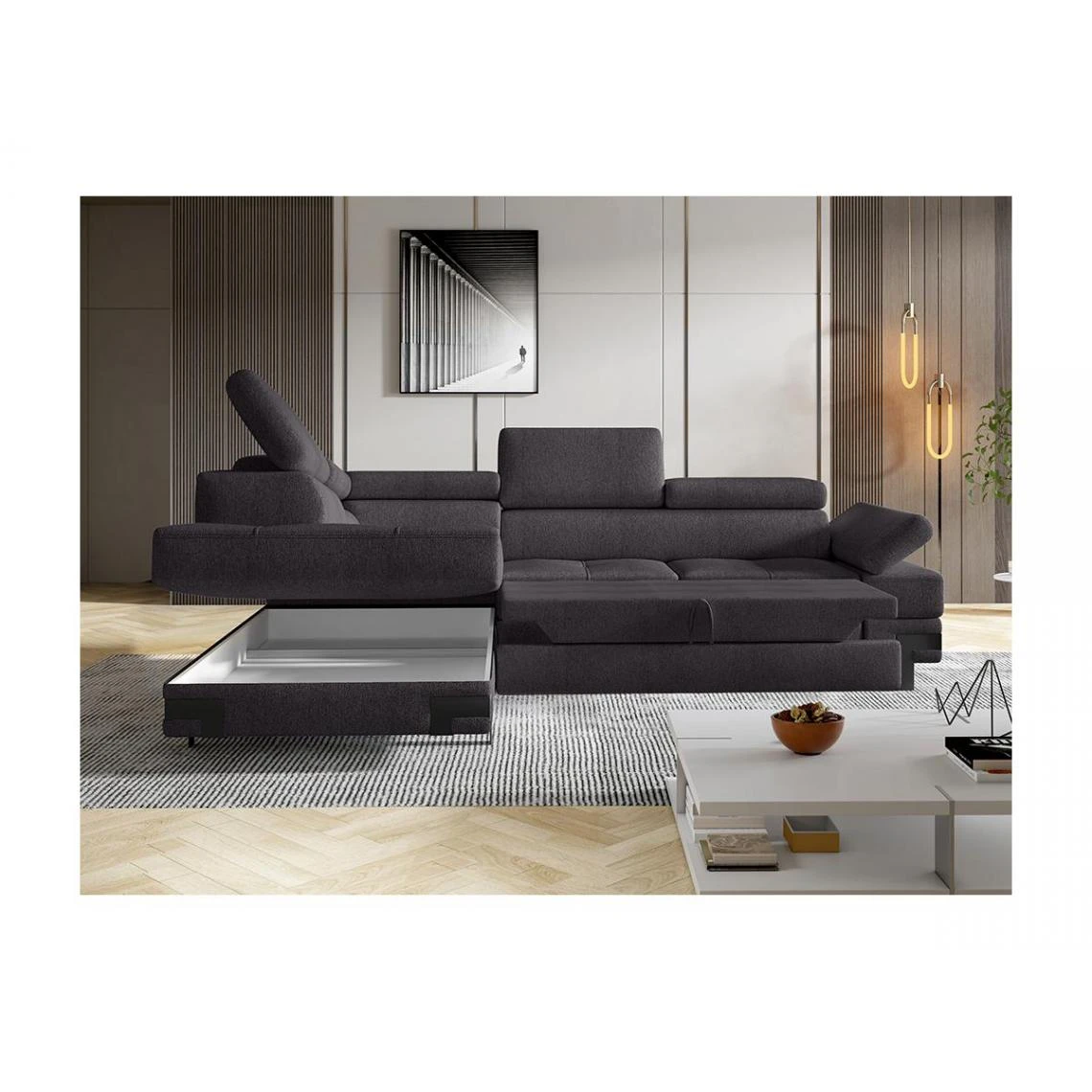 Vente-unique Canapé D'angle Convertible En Tissu DAMIEN II - Anthracite - Angle Ga... 2 Vente-unique Canapé D'angle Convertible En Tissu DAMIEN II - Anthracite - Angle Ga... – Image 2