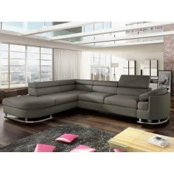 Vente-unique Canapé D'angle Convertible En Tissu Et Simili MYSEN - Taupe - Angle G...