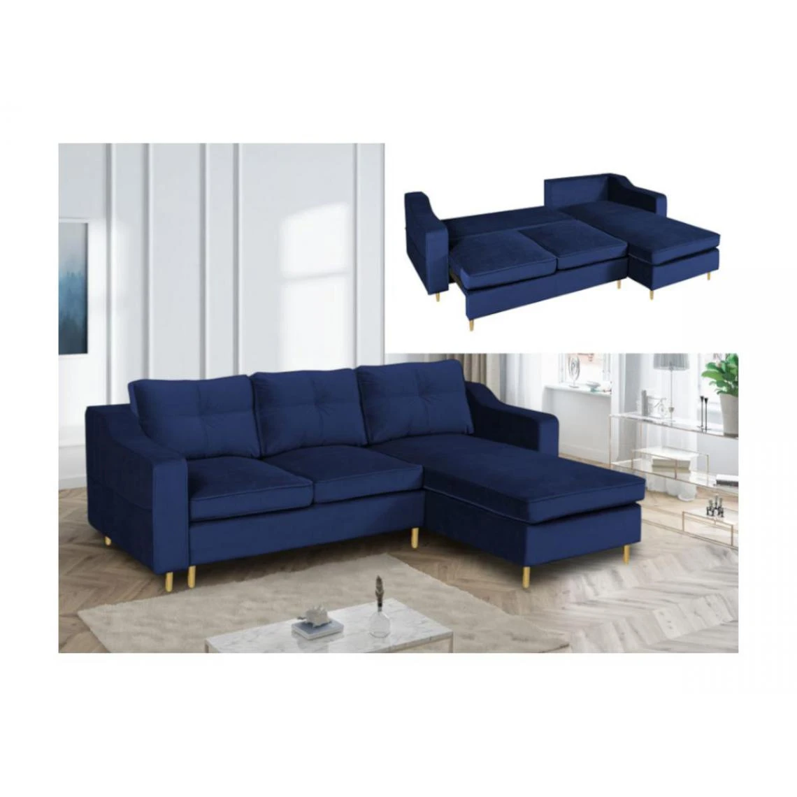 Vente-unique Canapé D'angle Convertible Et Réversible En Velours SORENI - Bleu Nu... 1 Vente-unique Canapé D'angle Convertible Et Réversible En Velours SORENI - Bleu Nu...