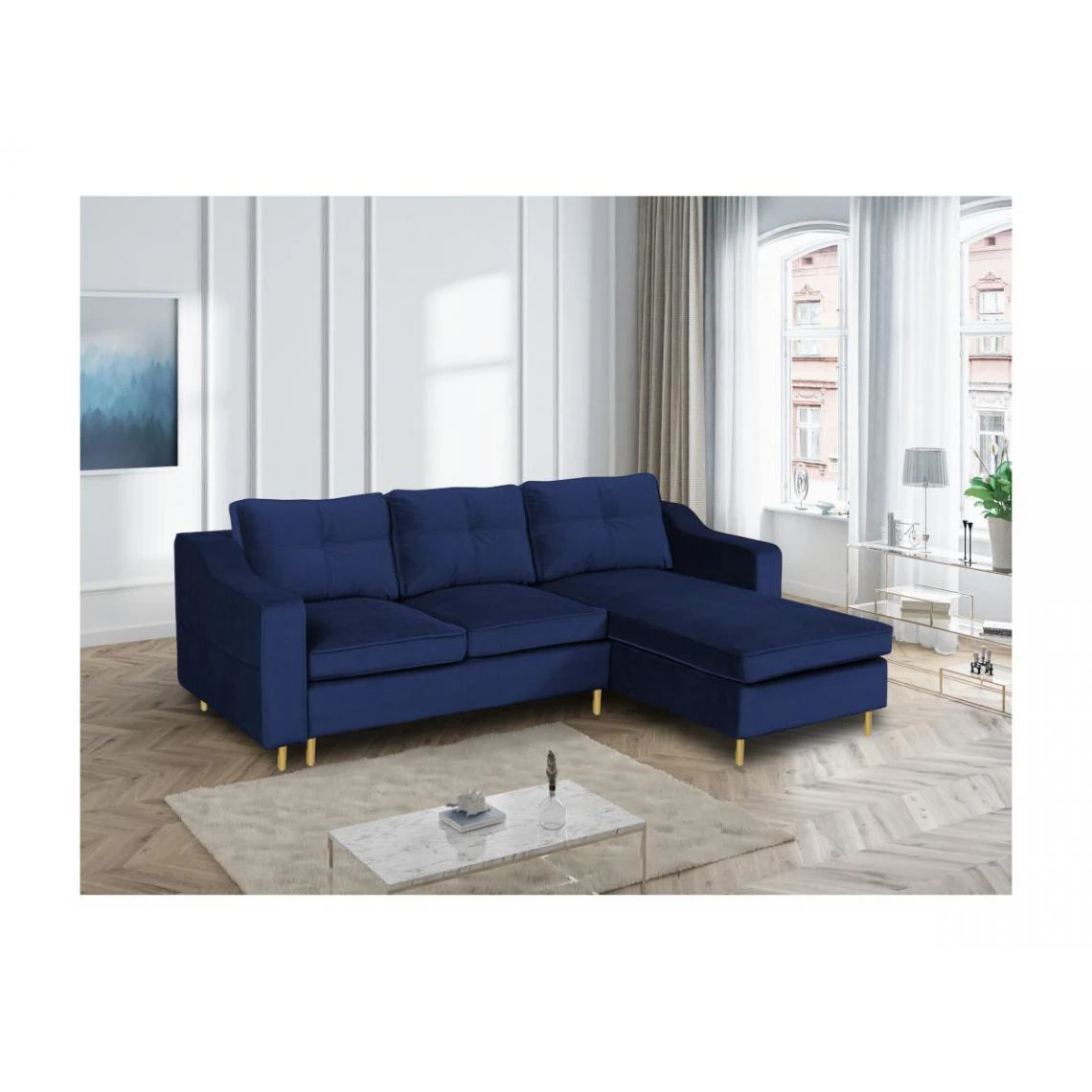 Vente-unique Canapé D'angle Convertible Et Réversible En Velours SORENI - Bleu Nu... 3 Vente-unique Canapé D'angle Convertible Et Réversible En Velours SORENI - Bleu Nu... – Image 3