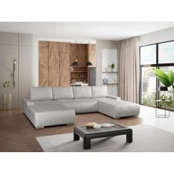Vente-unique Canapé D'angle Panoramique Convertible En Tissu Beige LEANZA