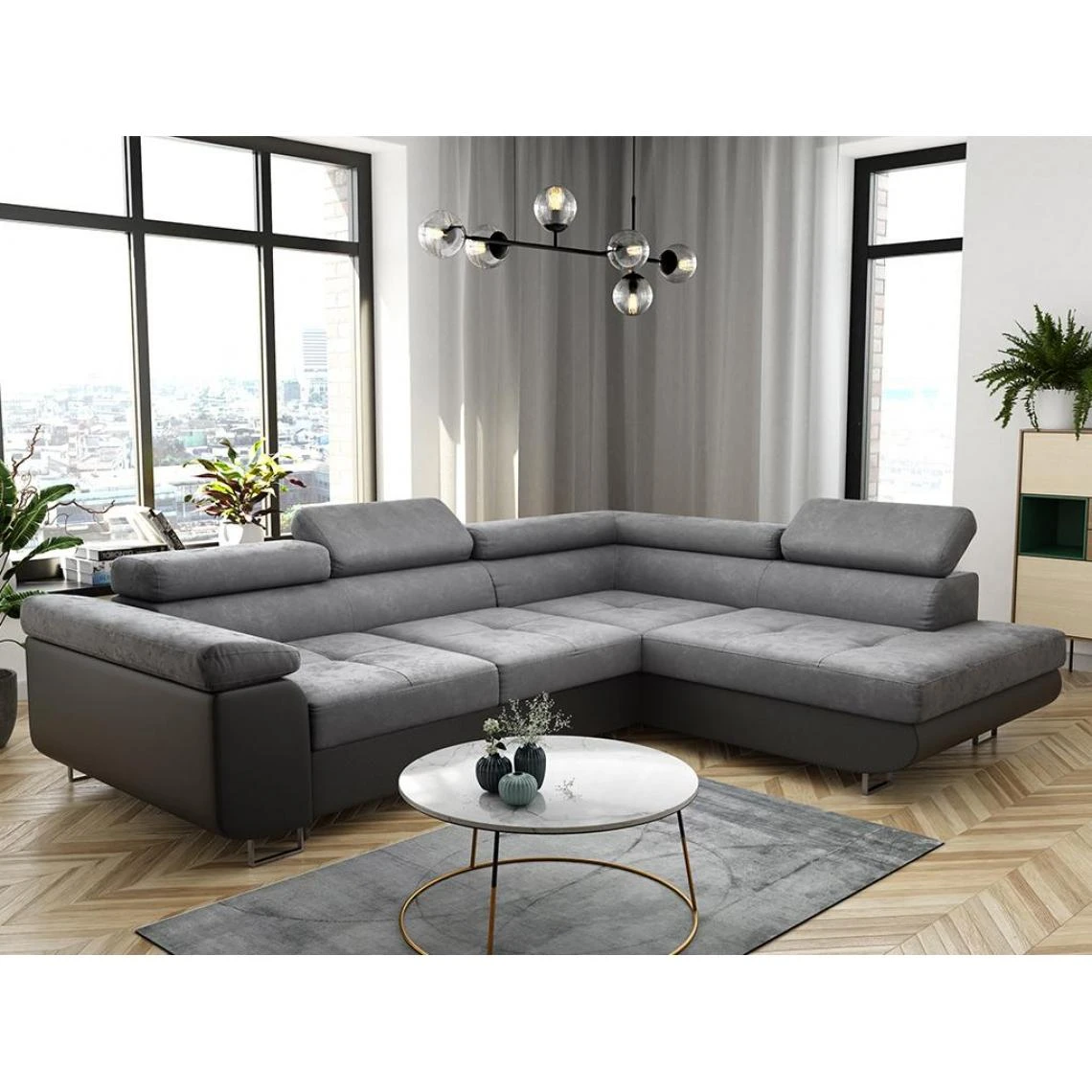 Vente-unique Canapé D'angle Convertible En Tissu Et Simili Gris KERIO - Angle Droi... 1 Vente-unique Canapé D'angle Convertible En Tissu Et Simili Gris KERIO - Angle Droi...