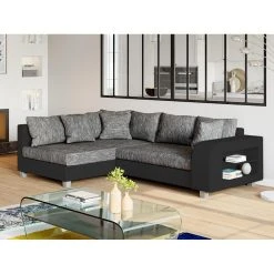 Vente-unique Canapé D'angle Convertible Tissu Et Simili KUOPIO - Gris Et Noir - An...