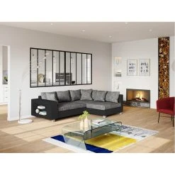 Vente-unique Canapé D'angle Convertible Tissu Et Simili KUOPIO - Gris Et Noir - An...