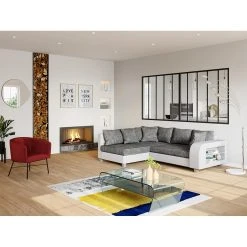 Vente-unique Canapé D'angle Convertible Tissu Et Simili KUOPIO - Gris Et Blanc - A...