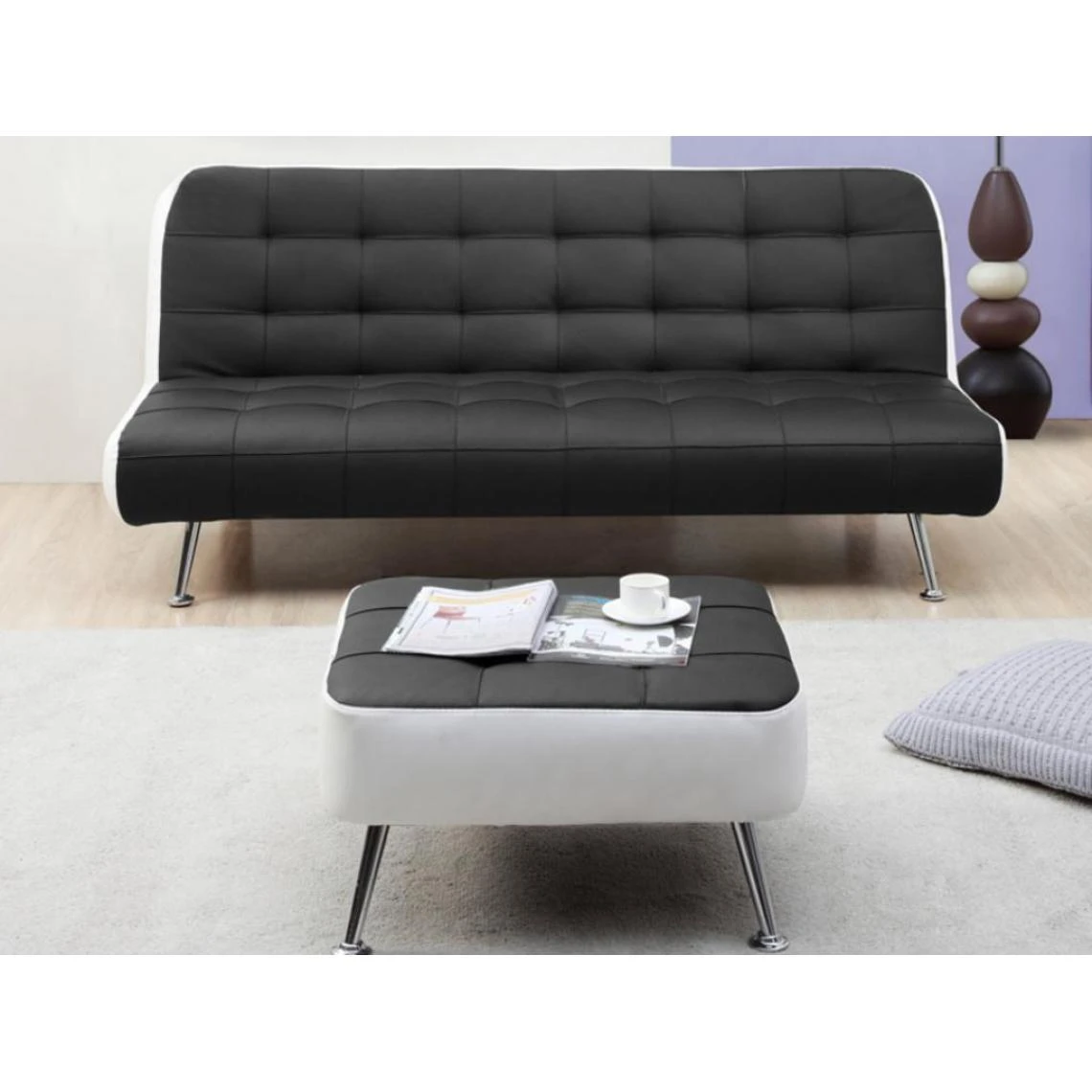 Vente-unique Canapé Convertible Clic-clac + Pouf En Simili MURNI - Noir 2 Vente-unique Canapé Convertible Clic-clac + Pouf En Simili MURNI - Noir – Image 2