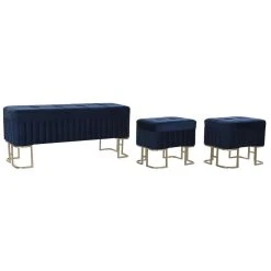 Pegane Ensemble De 3 Banquettes Coffres En Métal Et Velours Coloris Bleu