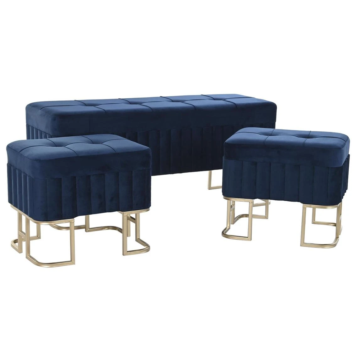 Pegane Ensemble De 3 Banquettes Coffres En Métal Et Velours Coloris Bleu 2 Pegane Ensemble De 3 Banquettes Coffres En Métal Et Velours Coloris Bleu – Image 2