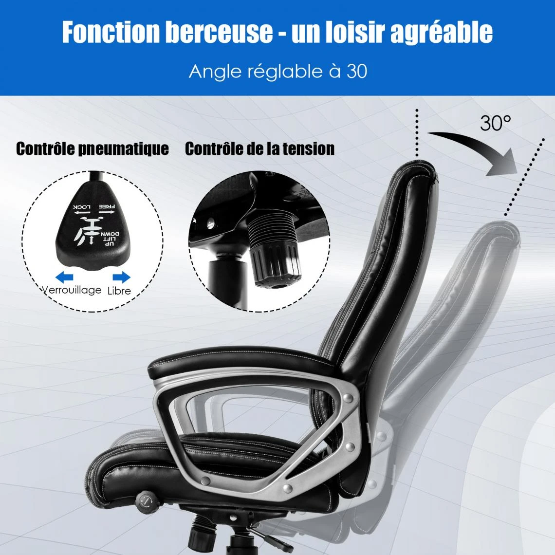 Costway Fauteuil De Bureau Bascule à Roulettes Avec Appui-tête, Hauteur Rég... 2 Costway Fauteuil De Bureau Bascule à Roulettes Avec Appui-tête, Hauteur Rég... – Image 2