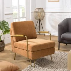 MACABANE Fauteuil Lounge Tissu Orange Métal Doré Accoudoirs Bois -Magasin Joss & Main fauteuil lounge tissu orange metal dore accoudoirs bois 3357754 6183244 44 1140x1140