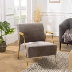 MACABANE Fauteuil Lounge Tissu Taupe Métal Doré Accoudoirs Bois -Magasin Joss & Main fauteuil lounge tissu taupe metal dore accoudoirs bois 3357756 6183258 58 1140x1140