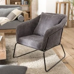 MACABANE Fauteuil Tissu AGATHE Velours Cotelé Gris Anthracite Pieds Évasés M...