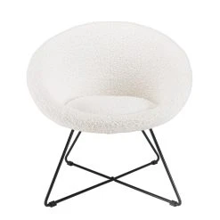 MACABANE Fauteuil Tissu Bouclette Blanc Pieds Croisés Métal Noir AGATHE