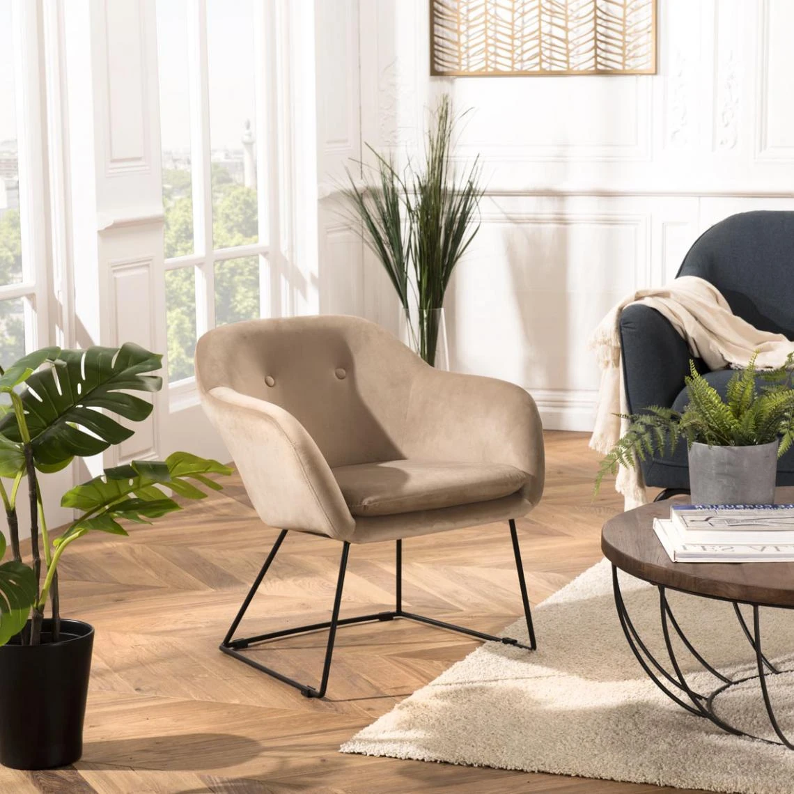 MACABANE Fauteuil Urban Tissu Velours AGATHE Chamois Pieds Évasés Métal 1 MACABANE Fauteuil Urban Tissu Velours AGATHE Chamois Pieds Évasés Métal