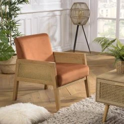 MACABANE Fauteuil Velours Orange Pieds Bois Et Accoudoirs Rotin -Magasin Joss & Main fauteuil velours orange pieds bois et accoudoirs rotin 3357760 6183286 86 1140x1140