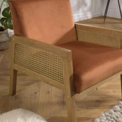 MACABANE Fauteuil Velours Orange Pieds Bois Et Accoudoirs Rotin -Magasin Joss & Main fauteuil velours orange pieds bois et accoudoirs rotin 3357760 6183288 88 1140x1140