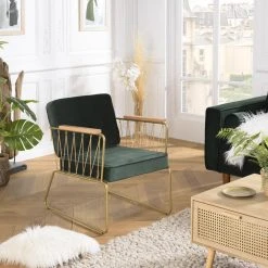 MACABANE Fauteuil Velours Vert Foncé Pieds Métal Doré Accoudoir Cordage