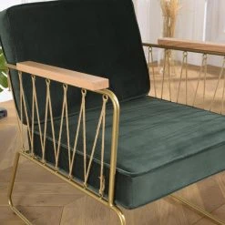 MACABANE Fauteuil Velours Vert Foncé Pieds Métal Doré Accoudoir Cordage -Magasin Joss & Main fauteuil velours vert fonce pieds metal dore accoudoir cordage 3358790 6189328 28 1140x1140