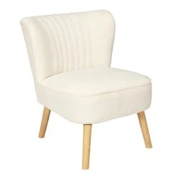 Altobuy KELIOS - Fauteuil En Tissu Bouclettes Blanc Pieds Bois Naturel