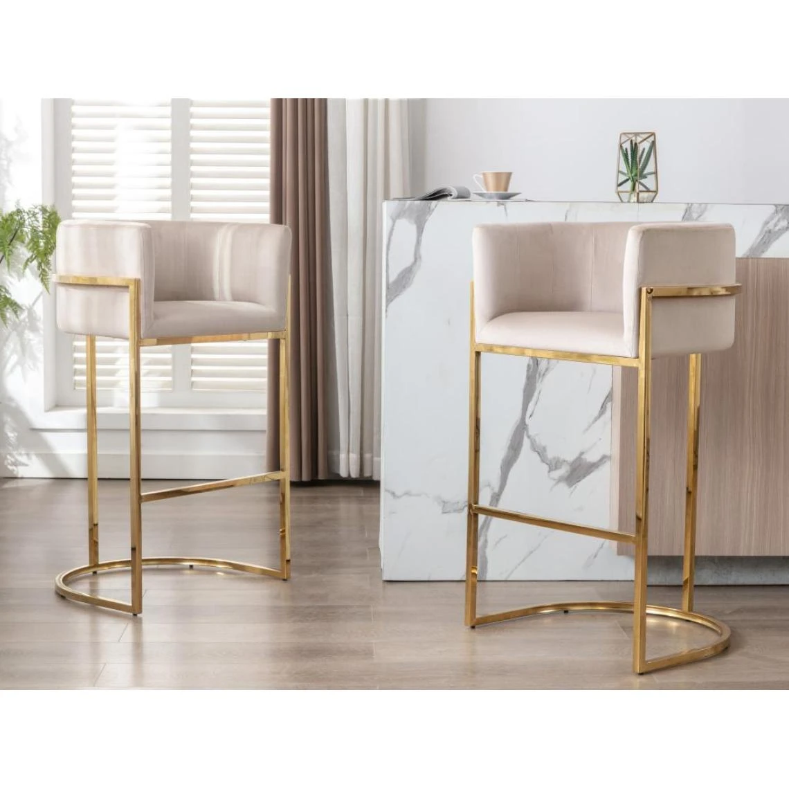 Vente-unique Lot De 2 Tabourets De Bar En Velours Et Acier Inoxydable - Beige Et Do... 2 Vente-unique Lot De 2 Tabourets De Bar En Velours Et Acier Inoxydable - Beige Et Do... – Image 2