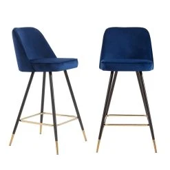 Baita Lot De 2 Tabourets De Bar Eugene - Velours Bleu Avec Pieds Noirs Et Do...