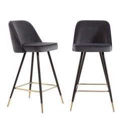 Baita Lot De 2 Tabourets De Bar Eugene - Velours Gris Avec Pieds Noirs Et Do...