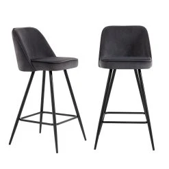 Baita Lot De 2 Tabourets De Bar Eugene - Velours Gris Et Pieds Noirs - Haute...