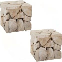 TOILINUX Lot De 2 Tabourets Poufs Carrés En MDF Effet Rondins De Bois - Hauteu...