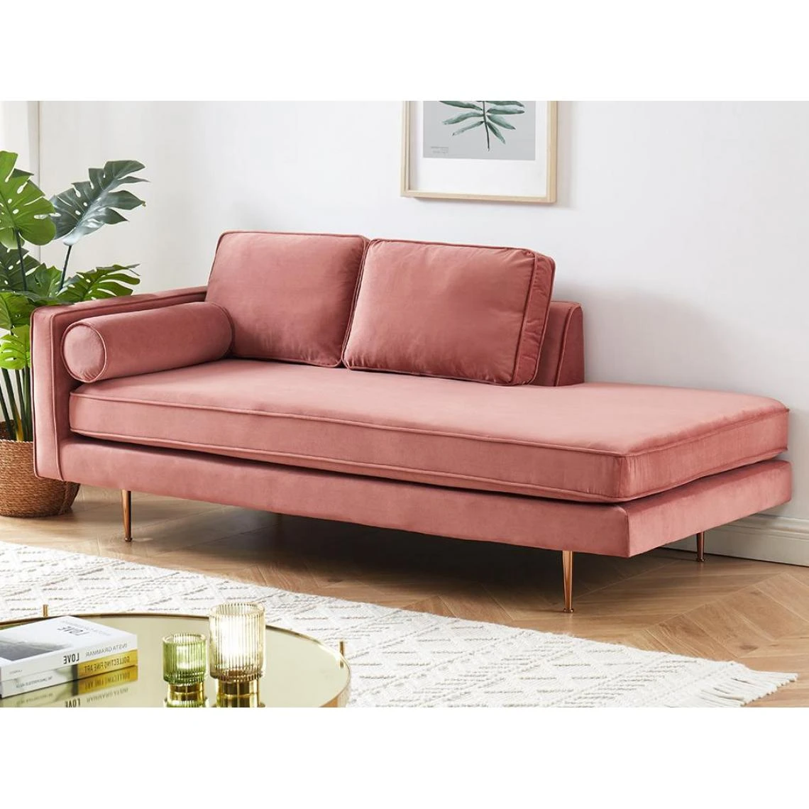 Vente-unique Méridienne Gauche En Velours KAHEL - Vieux Rose 2 Vente-unique Méridienne Gauche En Velours KAHEL - Vieux Rose – Image 2