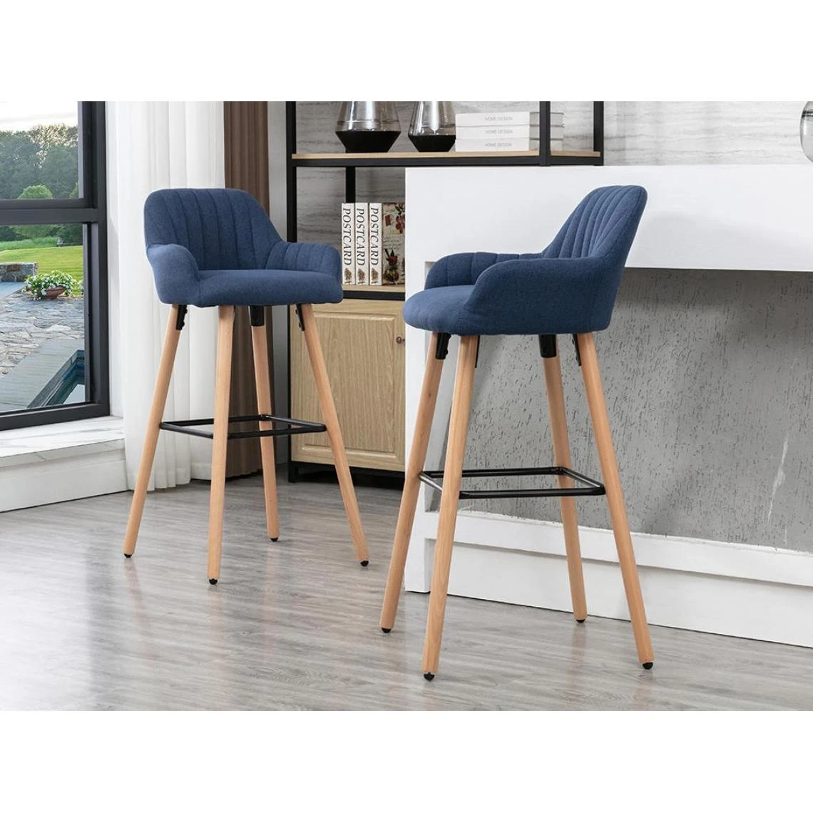 Vente-unique Tabouret De Bar En Tissu Et Pieds Bois De Hêtre - Bleu - ELEANA 2 Vente-unique Tabouret De Bar En Tissu Et Pieds Bois De Hêtre - Bleu - ELEANA – Image 2