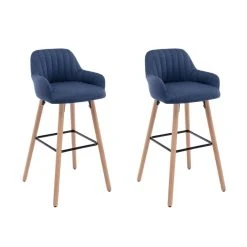 Vente-unique Lot De 2 Tabourets De Bar En Tissu Et Pieds Bois De Hêtre - Bleu - EL...