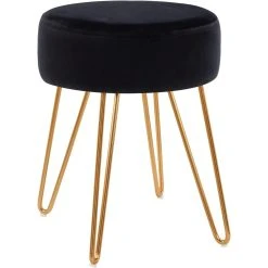 Decoshop26 Tabouret En Tissu Velours Noir Pieds En Métal Doré 35x35x45 Cm TABO0...
